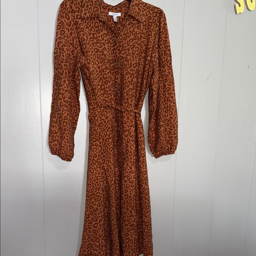Nine West Brown Leopard Long Sleeve Dress
